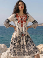 Women's Ivory Floral Embroidered Boho A-Line Kurti Dress